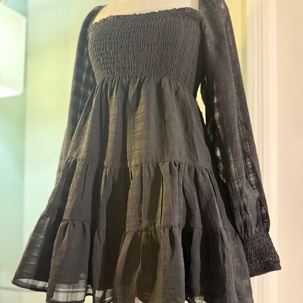 Urban Outfitters River Smocked Long Sleeve Mini Dress Small Babydoll Tiered Boho - Picture 8 of 16